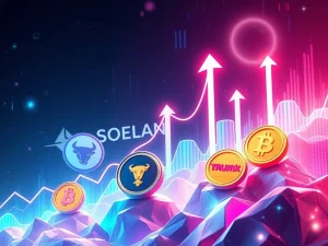 Digital representation of MoonBull, TRUMP token, and Bonk coins rising on a chart, symbolizing rapid growth and market excitement in Solana news.