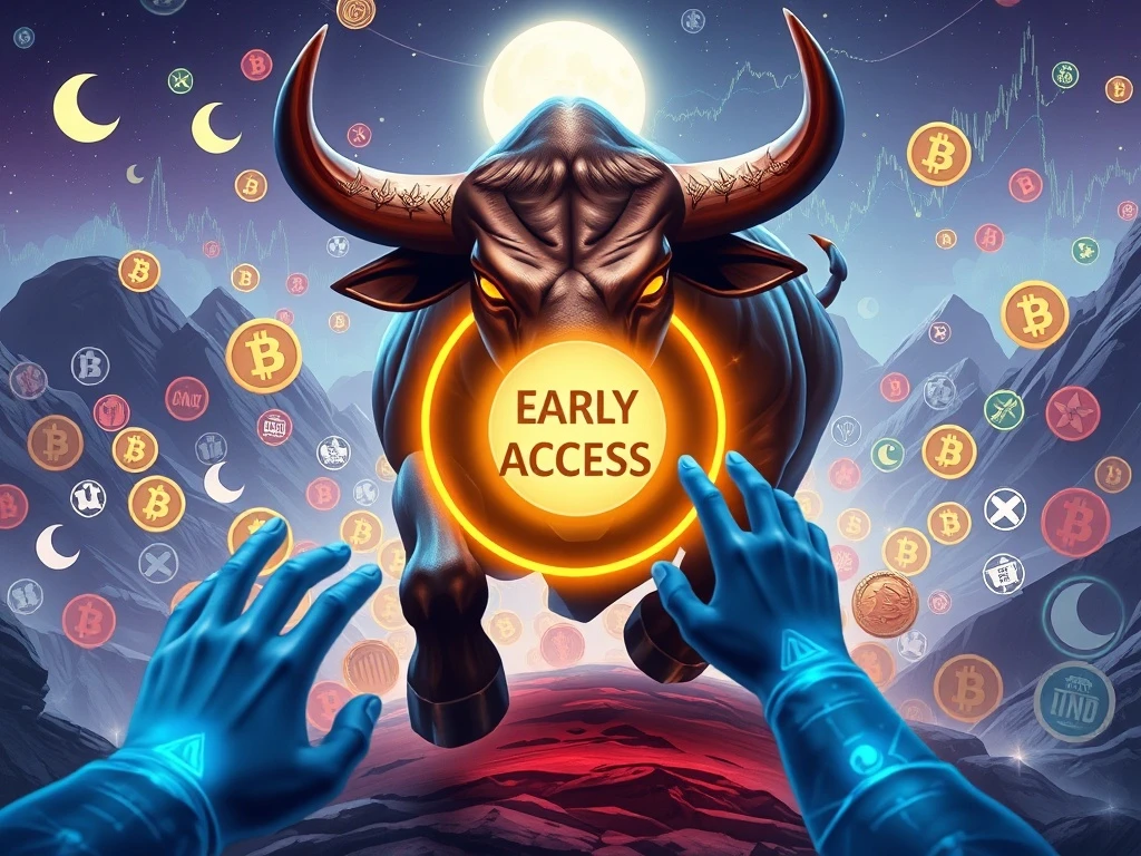 MoonBull, a leading 2025 meme coin, charging towards an exclusive early access portal, symbolizing its unique market strategy.