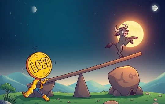 Illustrating the dramatic meme coin shift from LOFI coin's decline to MoonBull's surge in the volatile crypto market.
