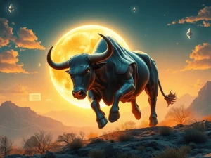 A powerful bull leaping towards the moon, symbolizing the potential for high MoonBull ($MOBU) returns in the crypto market.