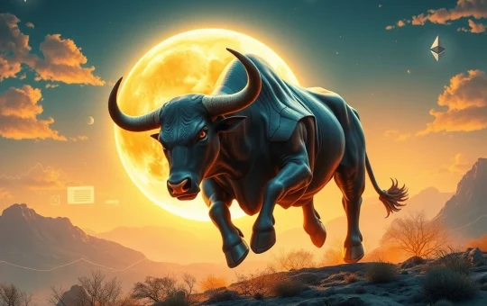 A powerful bull leaping towards the moon, symbolizing the potential for high MoonBull ($MOBU) returns in the crypto market.