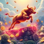 A vibrant digital bull representing the MoonBull whitelist, soaring above a landscape of rising meme coin volume charts, symbolizing a Meme Coin Surge.