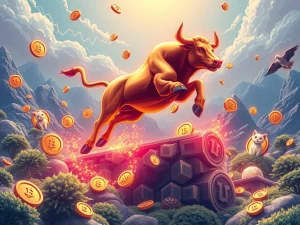 A vibrant digital bull representing the MoonBull whitelist, soaring above a landscape of rising meme coin volume charts, symbolizing a Meme Coin Surge.