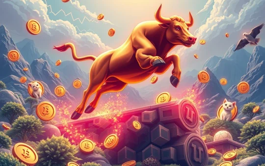 A vibrant digital bull representing the MoonBull whitelist, soaring above a landscape of rising meme coin volume charts, symbolizing a Meme Coin Surge.