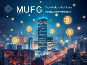 MUFG Bank's pioneering real estate tokenization initiative, featuring an Osaka high-rise connected to blockchain networks, symbolizing the future of property investment.
