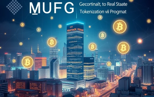 MUFG Bank's pioneering real estate tokenization initiative, featuring an Osaka high-rise connected to blockchain networks, symbolizing the future of property investment.