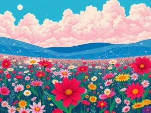 Takashi Murakami's iconic colorful flowers symbolizing the new '108 Flowers Revised' NFT collection launching on the Base blockchain, democratizing digital art ownership.