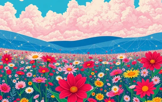Takashi Murakami's iconic colorful flowers symbolizing the new '108 Flowers Revised' NFT collection launching on the Base blockchain, democratizing digital art ownership.