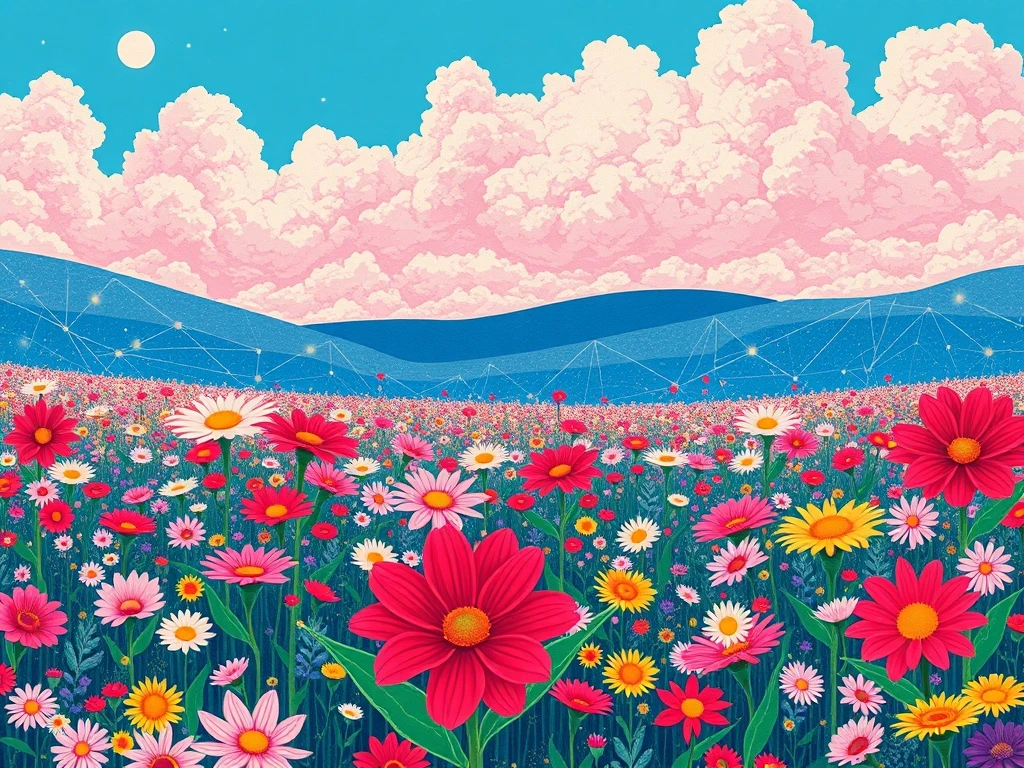 Takashi Murakami's iconic colorful flowers symbolizing the new '108 Flowers Revised' NFT collection launching on the Base blockchain, democratizing digital art ownership.
