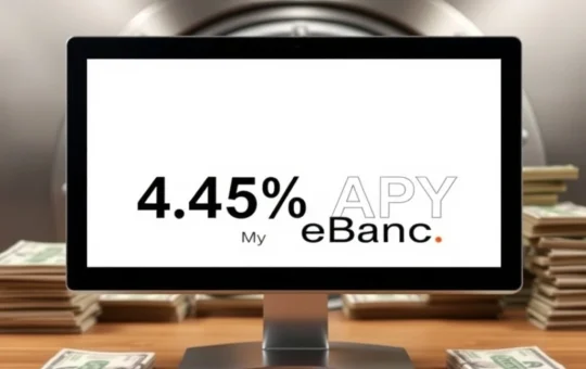 A screen displaying My eBanc APY with high yield rates, representing the substantial 100k minimum deposit for elite banking.