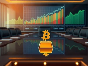 A corporate boardroom setting with a gold bar and a Bitcoin logo prominently displayed, representing Nativo Resources' innovative Bitcoin treasury strategy as an inflation hedge.