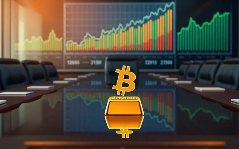 A corporate boardroom setting with a gold bar and a Bitcoin logo prominently displayed, representing Nativo Resources' innovative Bitcoin treasury strategy as an inflation hedge.