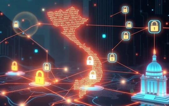 A secure digital network illustrating Vietnam's NDAChain blockchain protecting national data and enhancing digital governance.