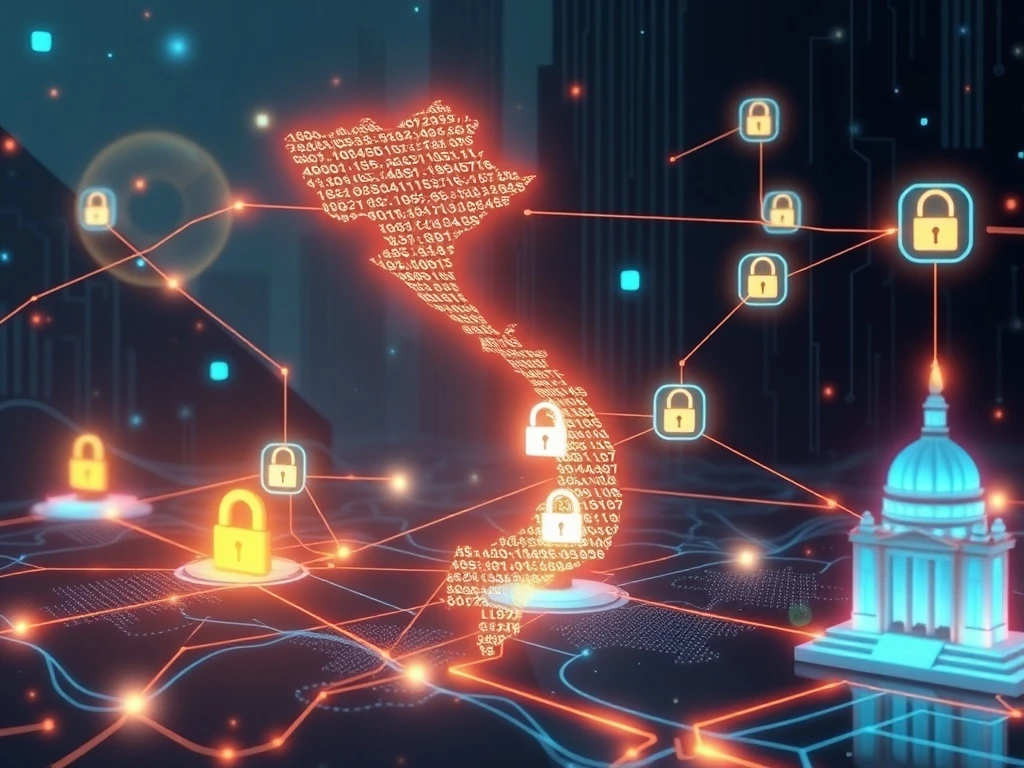 A secure digital network illustrating Vietnam's NDAChain blockchain protecting national data and enhancing digital governance.