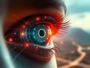 An artistic representation of Neuralink's bionic eye, symbolizing advanced Brain-Computer Interface technology for vision restoration.