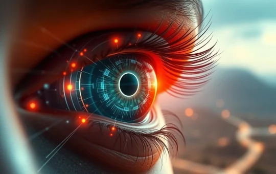 An artistic representation of Neuralink's bionic eye, symbolizing advanced Brain-Computer Interface technology for vision restoration.