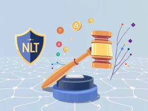A gavel striking a blockchain, symbolizing the groundbreaking Ninth Circuit NFT trademark ruling that strengthens intellectual property rights for digital assets.