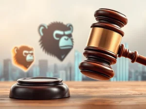 A gavel hitting a blockchain ledger, symbolizing the Ninth Circuit Court's pivotal NFT Trademark ruling impacting Yuga Labs and the future of digital assets.
