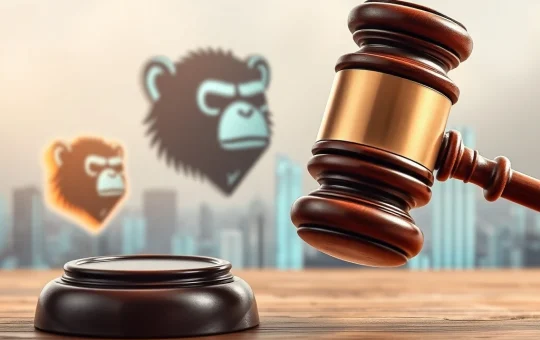 A gavel hitting a blockchain ledger, symbolizing the Ninth Circuit Court's pivotal NFT Trademark ruling impacting Yuga Labs and the future of digital assets.