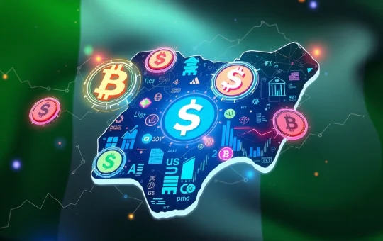 Nigeria's bold stablecoin framework, featuring digital currency symbols and Nigerian flag elements, signifying a regulated digital asset market.