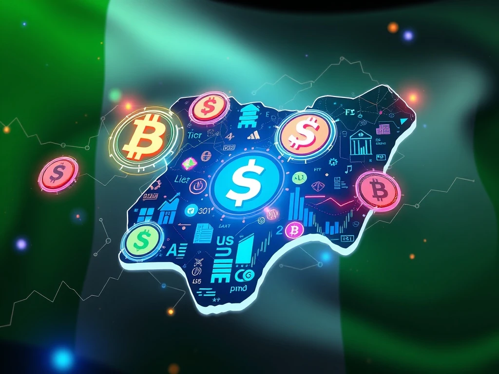 Nigeria's bold stablecoin framework, featuring digital currency symbols and Nigerian flag elements, signifying a regulated digital asset market.