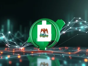 The Nigerian flag intertwined with digital currency symbols, representing Nigeria's stablecoin regulation and leadership in African digital finance.