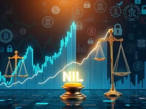 A dynamic chart showing a significant NIL crypto price surge, with a subtle overlay of regulatory symbols, illustrating market developments and compliance challenges.