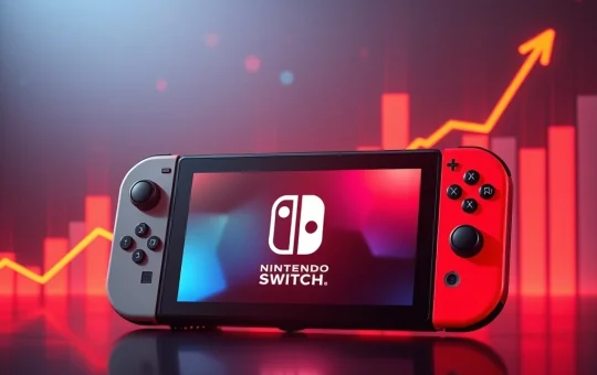 A Nintendo Switch 2 console dominating a vibrant digital sales chart, representing its phenomenal US sales record and significant gaming hardware spending growth.