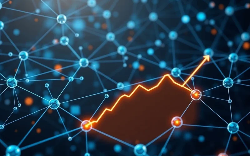 NKN blockchain network with nodes and a downward trend graph