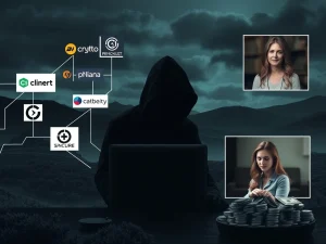 An illustration depicting the global reach of North Korean cybercrime, with a woman at a laptop, digital locks, and cryptocurrency symbols, highlighting remote work risks.