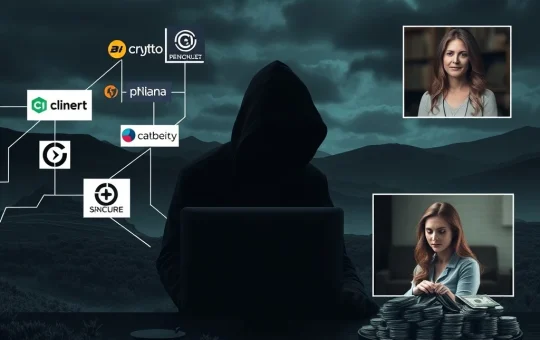 An illustration depicting the global reach of North Korean cybercrime, with a woman at a laptop, digital locks, and cryptocurrency symbols, highlighting remote work risks.