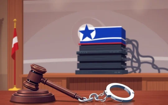 Courtroom scene with laptops and handcuffs, symbolizing Christina Chapman's sentencing for the North Korea fraud IT scheme.