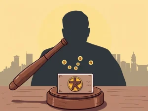 A gavel striking a sound block next to a cryptocurrency logo, symbolizing the severe consequences of North Korean crypto fraud.
