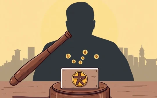A gavel striking a sound block next to a cryptocurrency logo, symbolizing the severe consequences of North Korean crypto fraud.