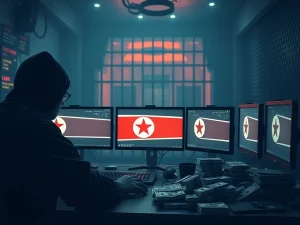 Depiction of the devastating impact of North Korean cybercrime, showing a network of illicit activity and its legal consequences.