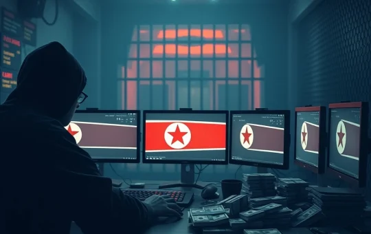 Depiction of the devastating impact of North Korean cybercrime, showing a network of illicit activity and its legal consequences.