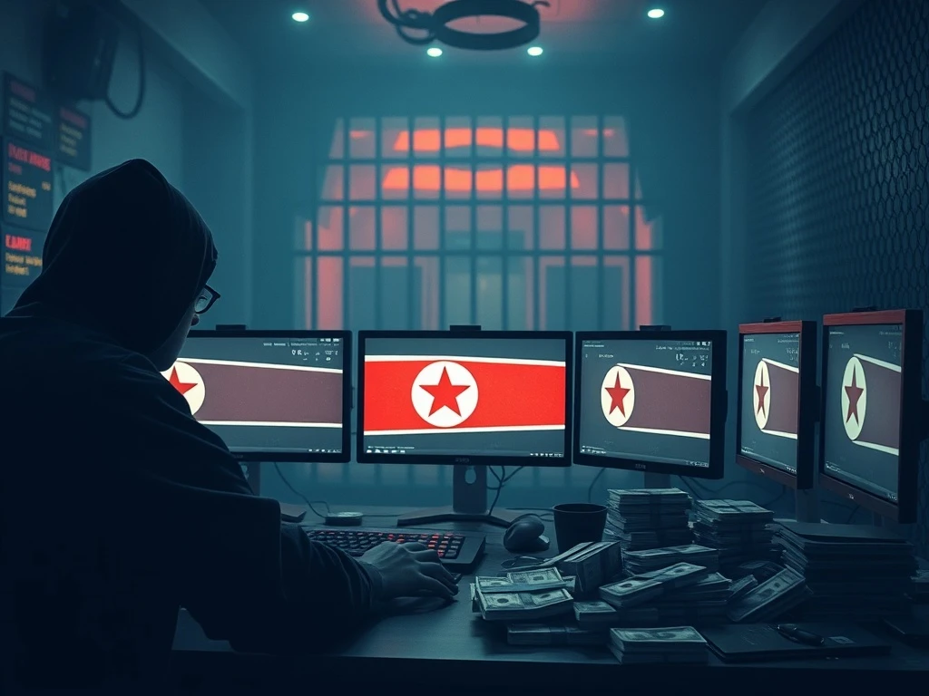 Depiction of the devastating impact of North Korean cybercrime, showing a network of illicit activity and its legal consequences.