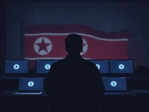 An illustration depicting the remote work fraud involving North Korean IT workers and the significant prison sentence, highlighting cybercrime.