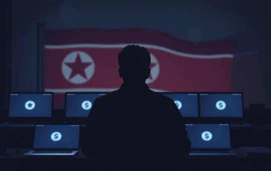 An illustration depicting the remote work fraud involving North Korean IT workers and the significant prison sentence, highlighting cybercrime.