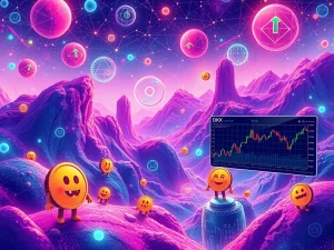 OKX perpetual futures platform showing charts for USELESSUSDT and NEWTUSDT, symbolizing meme coin derivatives and AI crypto trading.