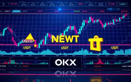 Digital trading charts on the OKX platform showcasing new perpetual futures contracts for USELESS/USDT and NEWT/USDT, highlighting expanded crypto derivatives opportunities.