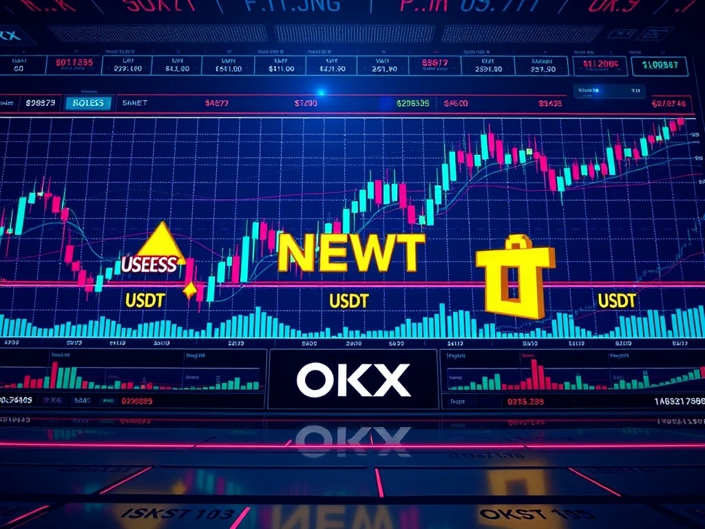 OKX perpetual futures platform showing charts for USELESSUSDT and NEWTUSDT, symbolizing meme coin derivatives and AI crypto trading.