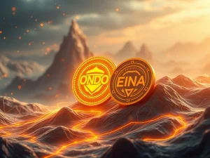 ONDO and ENA tokens shining in a futuristic crypto bull market