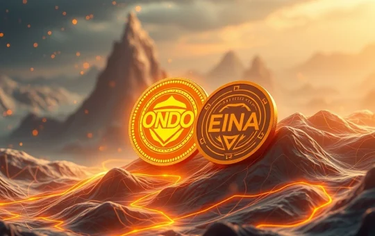 ONDO and ENA tokens shining in a futuristic crypto bull market
