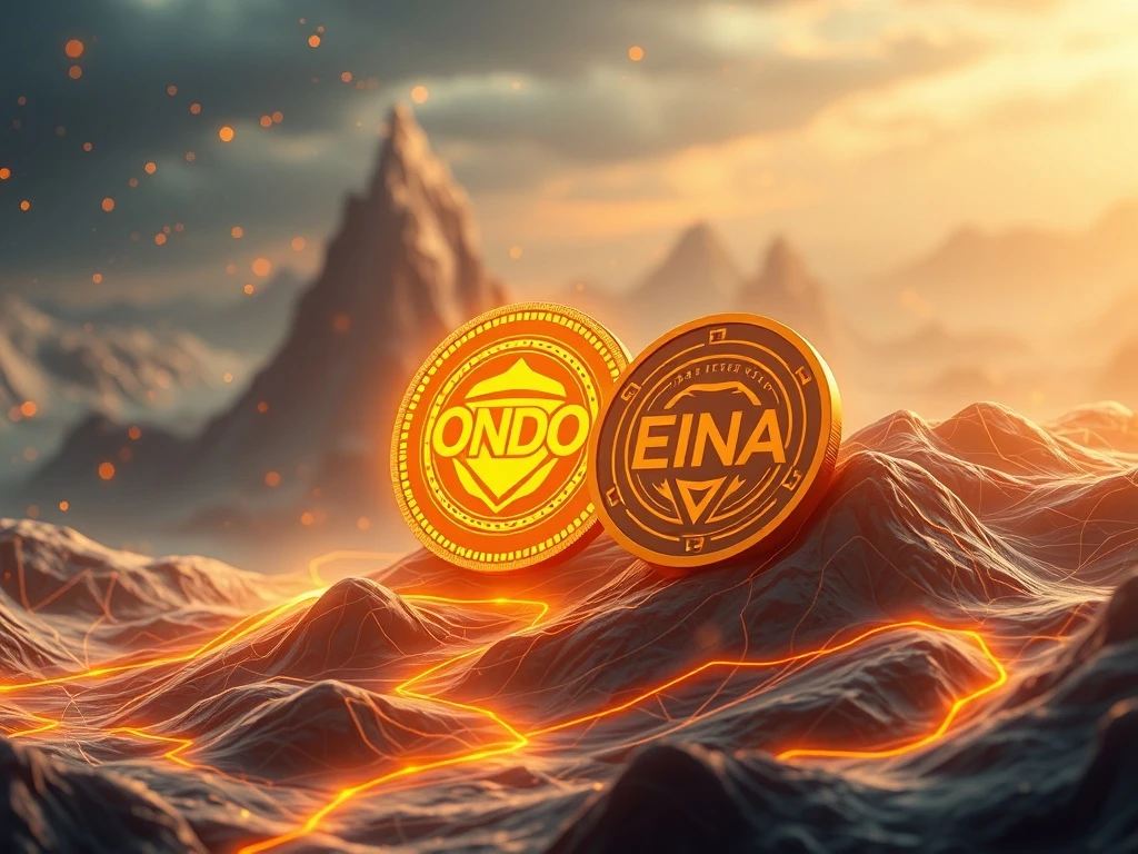 ONDO and ENA tokens shining in a futuristic crypto bull market