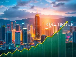 Hong Kong skyline with digital overlays, symbolizing OSL Group's $300M raise for stablecoin infrastructure and the city's growing crypto market.