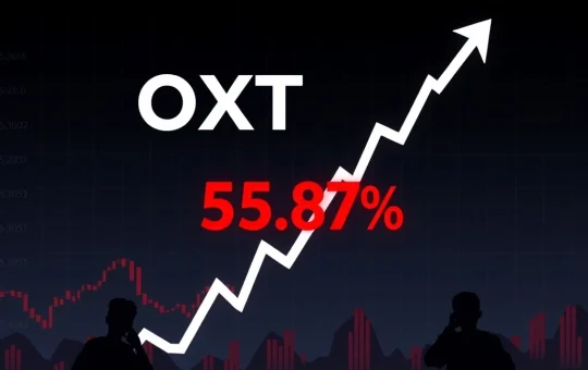 OXT price drop shown on a dramatic cryptocurrency market graph