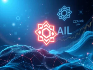 A visual representation of Ozak AI's potential growth, blending AI and blockchain concepts, drawing parallels to Chainlink's past success in the crypto market.