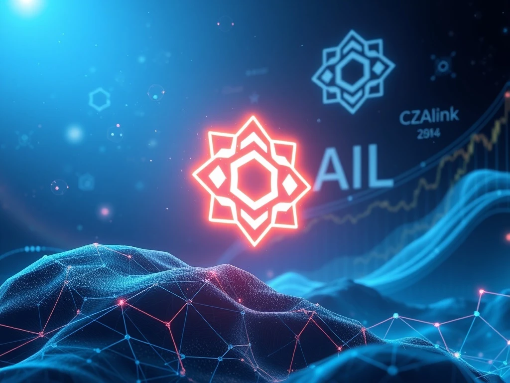 A visual representation of Ozak AI's potential growth, blending AI and blockchain concepts, drawing parallels to Chainlink's past success in the crypto market.