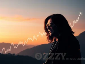Digital artwork depicting Ozzy Osbourne amidst a surging OZZY memecoin chart, symbolizing his enduring crypto legacy.